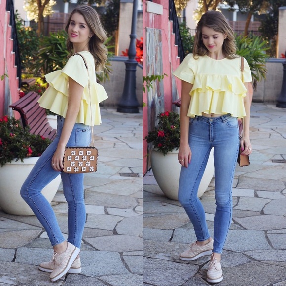 Zara Tops | Zara Yellow Ruffle Poplin 